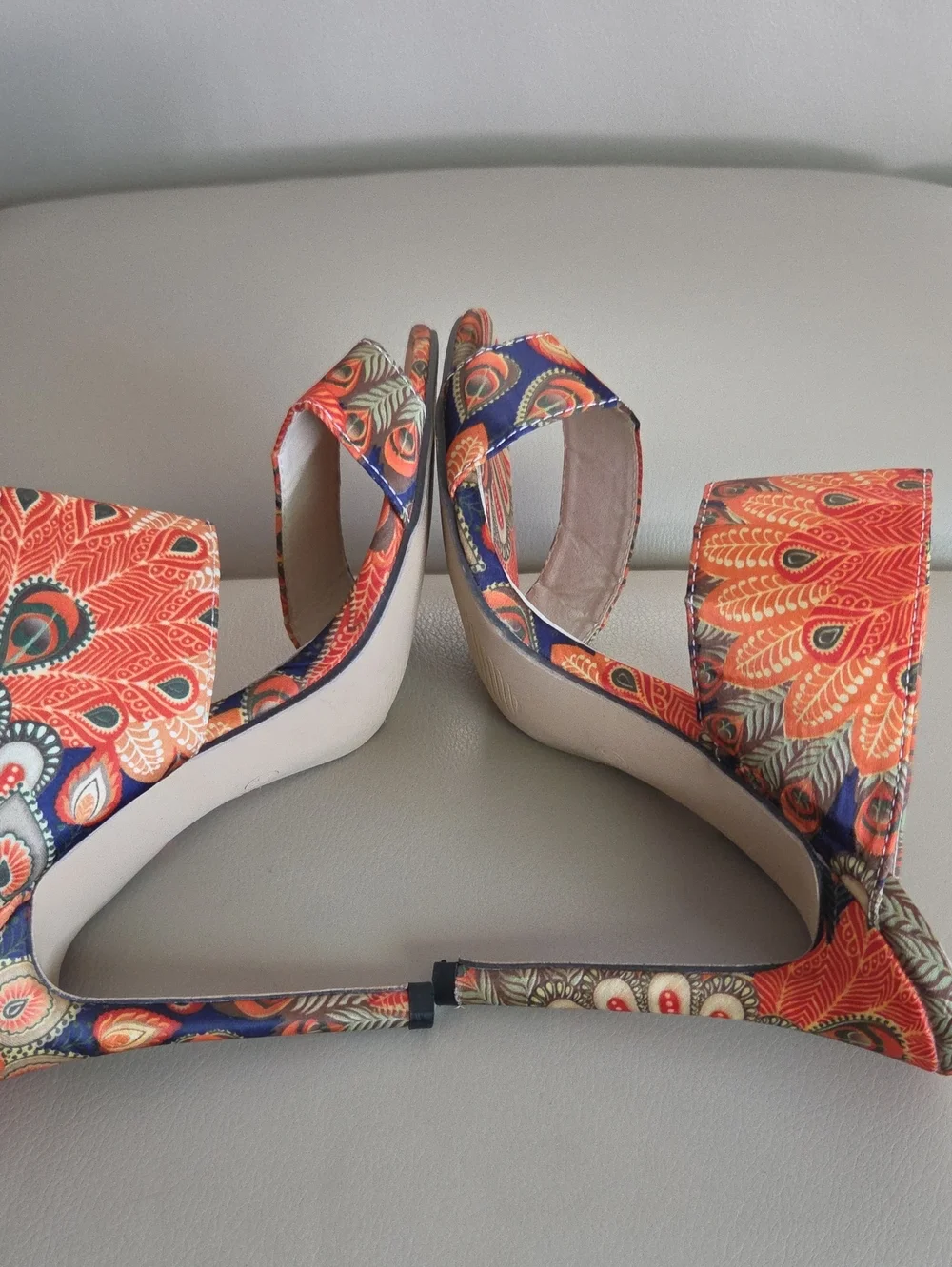 Women's Paisley Print High Heel Slide Sandals - Orange/ Blue/ Green Size EU 40